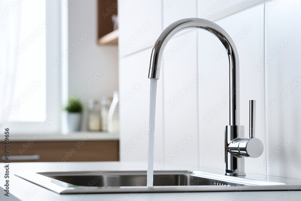 An open tap in the kitchen from which water flows, modern design, plumbing, household appliances. A strong emphasis on modern design emphasizes the functionality An open tap in the kitchen from which water flows, modern design, plumbing, household appliances. A strong emphasis on modern design emphasizes the functionality