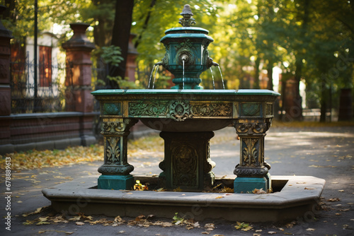 Old, antique fountain in the central park, jets of water, visual harmony. Monument of the city's architecture and pastime, source of water. The water sparkles with sunlight, creating a pleasant atmosp