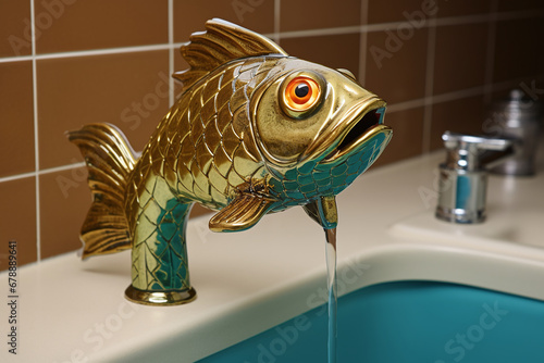 The faucet in the bathroom is in the shape of a goldfish, an original design, an interior element and fun for children. A goldfish releasing water creates an atmosphere of fairy tale and admiration.