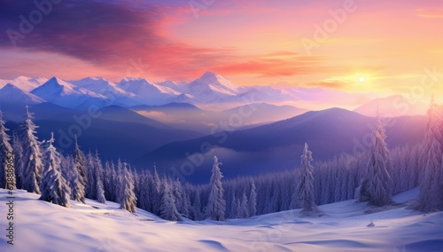 wallpapers mountain landscape with snow covered trees and sky © olegganko