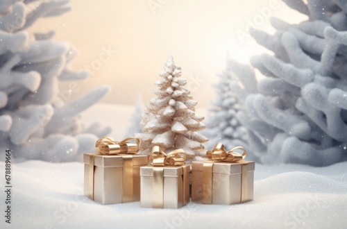 christmas presents during snow and snowed over terrain with some trees