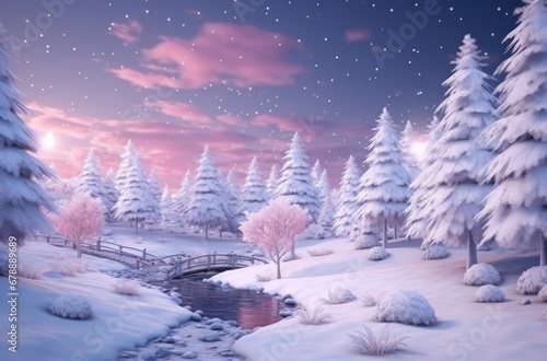 a christmas landscape full of lights and snow