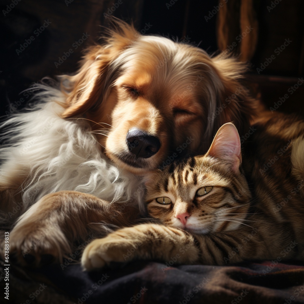 Picture of a cat and a dog peacefully sleeping Ai generated art