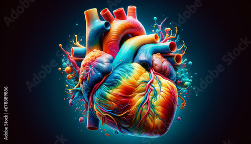 Conceptual Anatomy of heart. Illustration of a human heart colorful rainbow colors in dark background, Generative Ai photo
