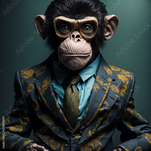Portrait of a monkey wearing a suit as a businessman  humanization of animals to use on graphic design. Backdrop or wallpaper