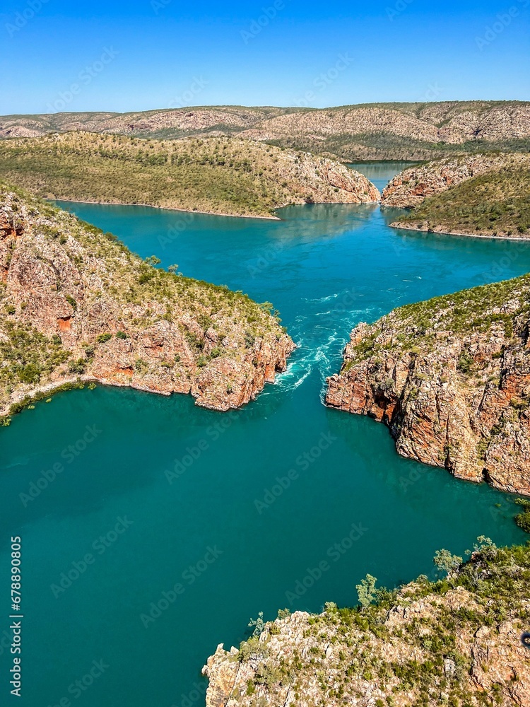Canyon with blue lake on a sunny day in summer
