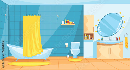 Cartoon bathroom interior with tub and curtain, toilet, mirror and washbasin. Modern flat design template. Vector illustration for website, print, poster or infographic