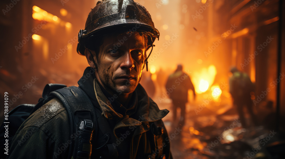A firefighter is walking into a burning building A firefighter is walking into a burning building