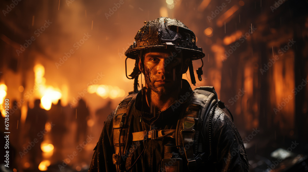 A firefighter is walking into a burning building A firefighter is walking into a burning building