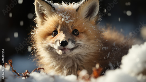 cute baby fox playing in winter snow © akarawit