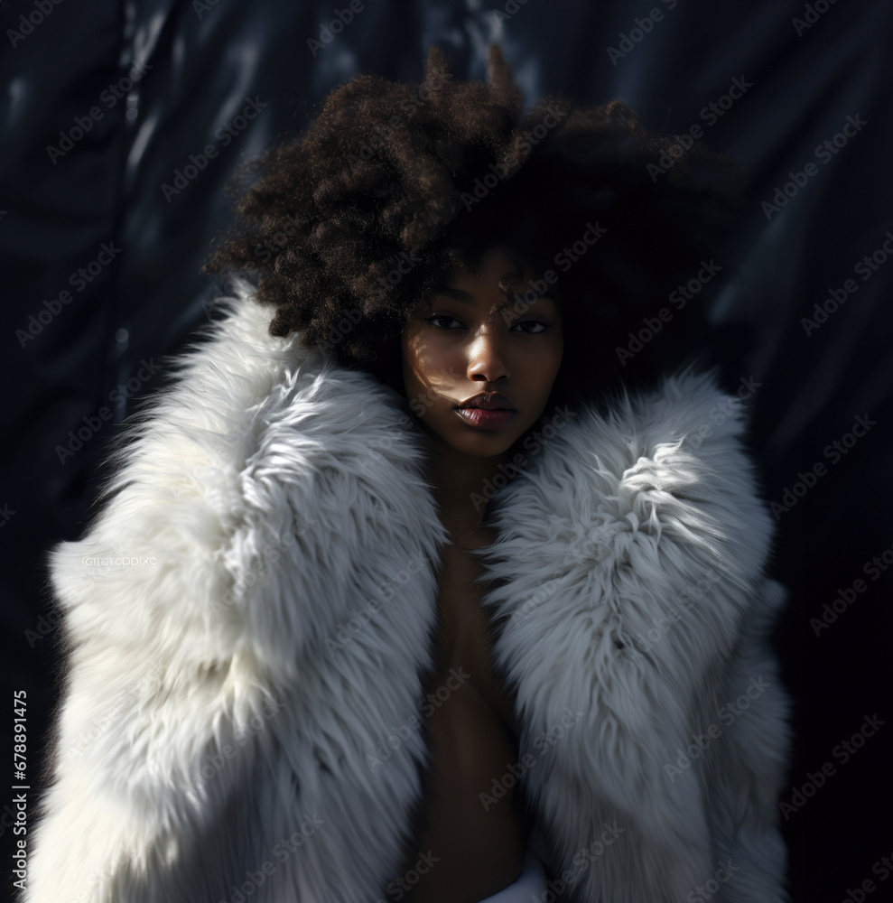Beautiful black African girl model wearing fluffy white fur coat in dark background with copy space Beautiful black African girl model wearing fluffy white fur coat in dark background with copy space