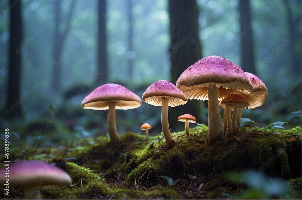 Fototapeta premium A giant mushrooms with bioluminescent caps dominate the landscape in a surreal environment - - AI Generative