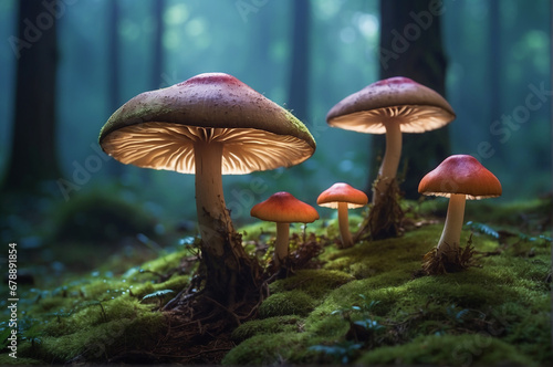 A giant mushrooms with bioluminescent caps dominate the landscape in a surreal environment - - AI Generative