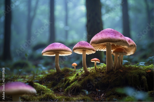 A giant mushrooms with bioluminescent caps dominate the landscape in a surreal environment - - AI Generative