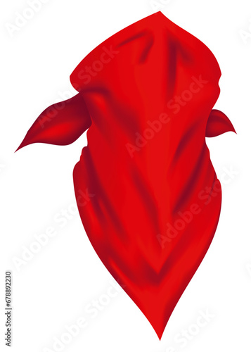 Red realistic bandana on neck. Youth fashion neck scarf or cowboy garment element template. Biker face scarf, bandanna neck shawl. Blank handkerchief unisex uniform. Western clothes