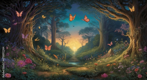 A surreal image of a twilight garden, where sentient, luminescent butterflies flit about, casting spells of vibrant colors - AI Generative © Being Imaginative