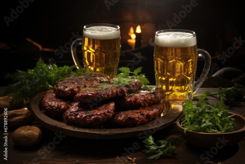 Sausage Euphoria: Revel in the euphoria of Bavarian sausages and beer against a wooden backdrop, a feast for both the eyes and the taste buds