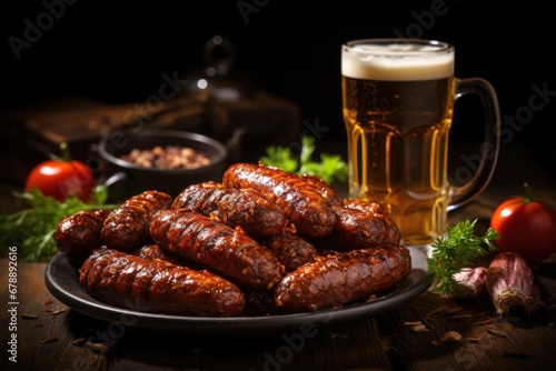 Savor the Flavor: Delight in the rich flavors of Bavarian sausages and a pint of beer against a warm, wooden backdrop, an homage to indulgence and enjoyment