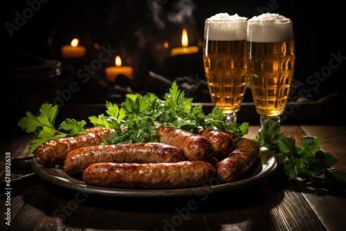Brew and Bites: An inviting scene with Bavarian sausages and a beer-filled mug, beckoning those who appreciate the perfect pairing of savory snacks and a refreshing brew
