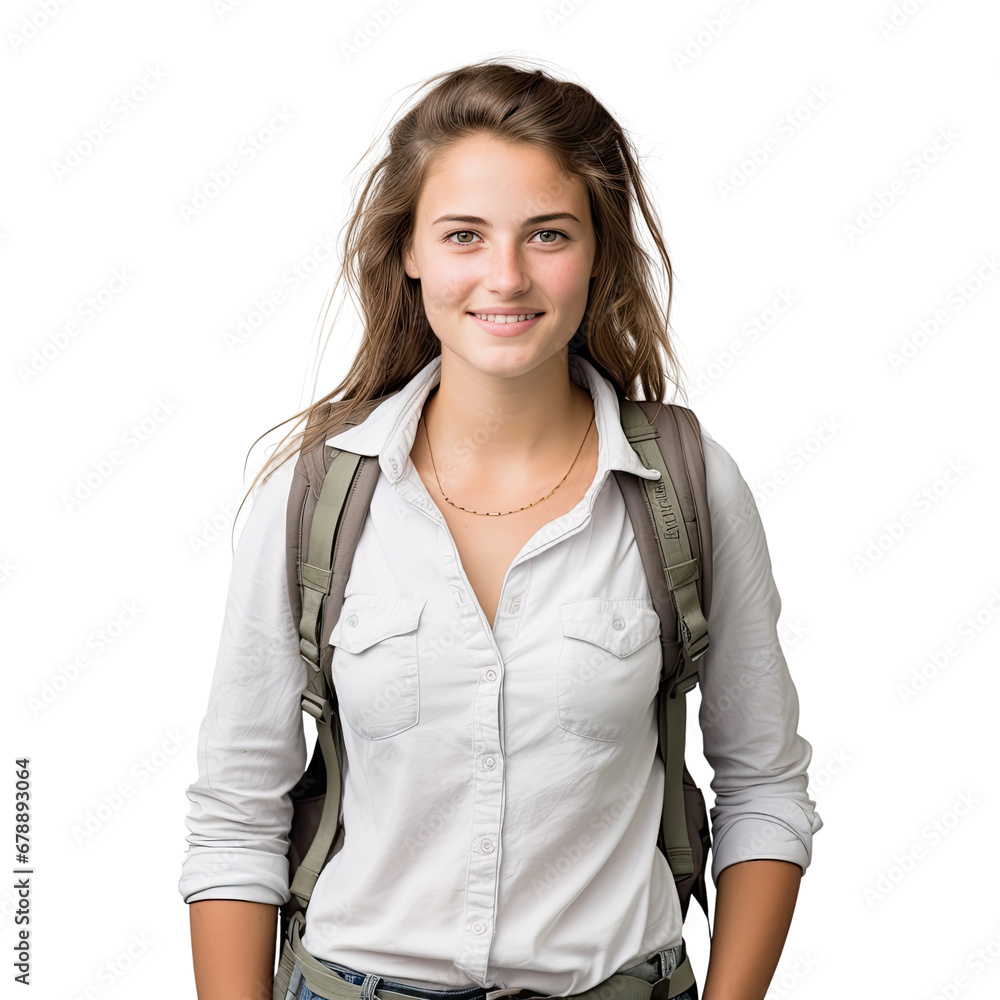 White female smiling student standing up, body view, smiling, isolated on white, transparent background White female smiling student standing up, body view, smiling, isolated on white, transparent background