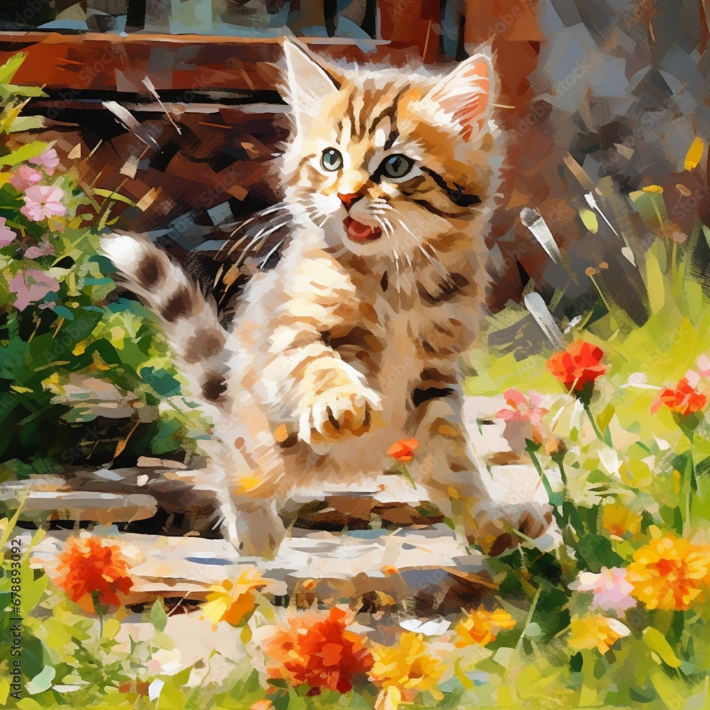 Playful kitten chasing its tail in a sunny garden Ai generated art