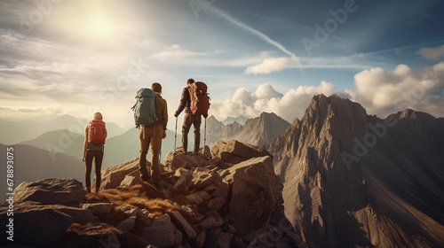 Sunrise over the mountains with friends hiking on the peek.