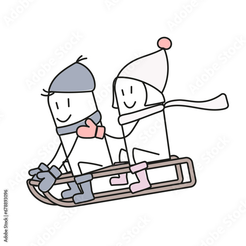 Two stick figure ride a retro sled. Two vector cartoon stick figure tobogganing