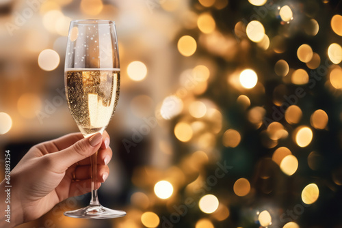 Christmas celebration. A woman holding a glass of champagne with a christmas tree background