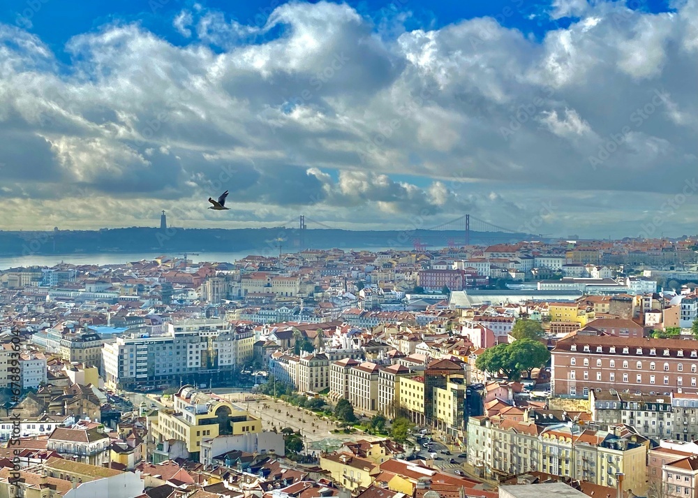 Scenic aerial view of a bird flying above Lisbon cityscape under blue cloudy sky
