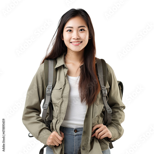 Asian female smiling student standing up, body view, smiling, isolated on white, transparent background
