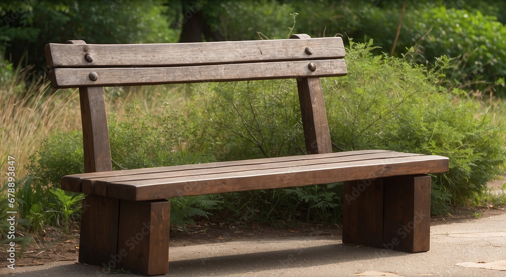 A wooden bench with beautiful vegetation on both sides - AI Generative A wooden bench with beautiful vegetation on both sides - AI Generative