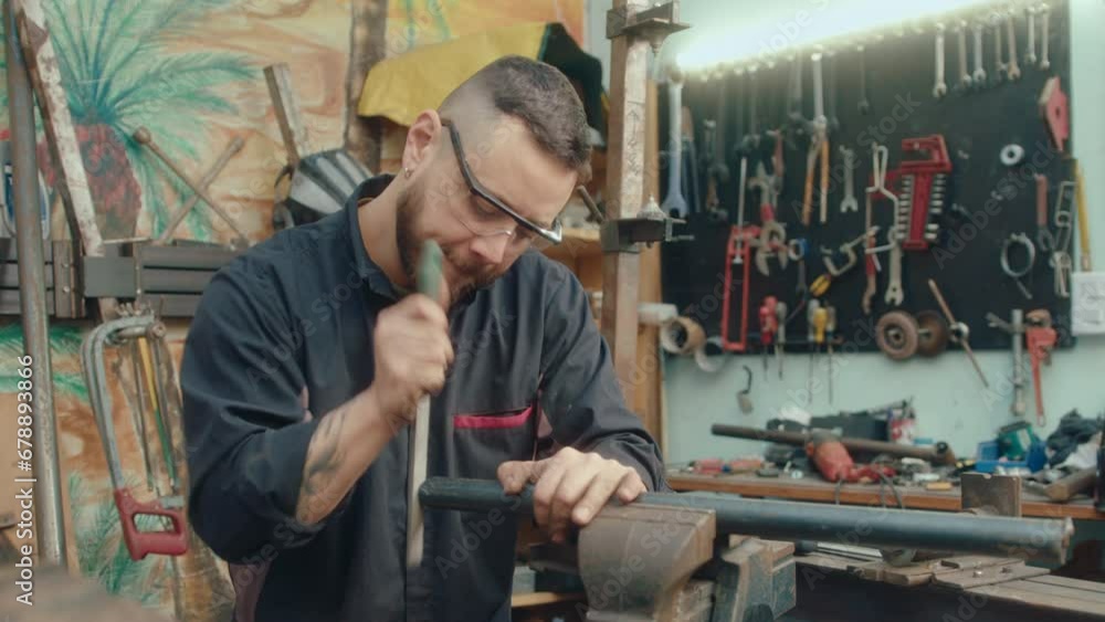 Young male worker in protective glasses and workwear filing metal pipe while performing metalwork in the repair shop Young male worker in protective glasses and workwear filing metal pipe while performing metalwork in the repair shop