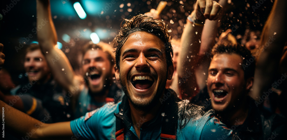 Group of sports fans celebrating the victory of their team. Fans shouting and celebrating that their team won. Sports celebration. Men happy for their team's victory. Soccer fans. Concept of triumph.