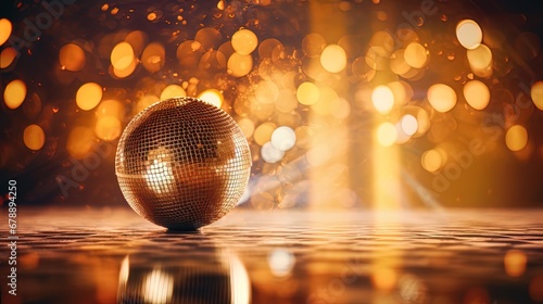 The shimmering presence of a gold disco ball sets the backdrop amidst a captivating array of bokeh lights.