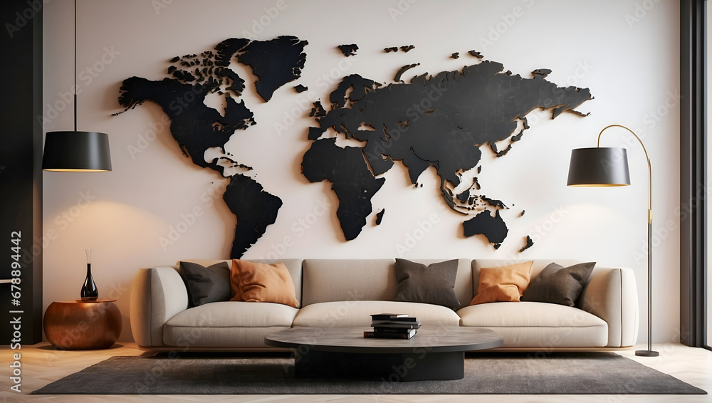A contemporary living room an abstract world map as wall art. Perfect ...
