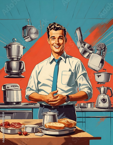 A vintage poster featuring a businessman promoting Home appliance and kitchen equipment. Perfect for retro advertising and business concepts.