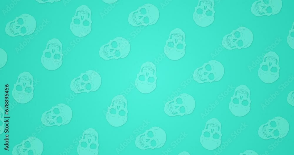 Seamless loop repeated pattern flat animated motion graphics background. Abstract pattern background. Individually Rotating human skull graphic over sky blue color background. Seamless loop repeated pattern flat animated motion graphics background. Abstract pattern background. Individually Rotating human skull graphic over sky blue color background.