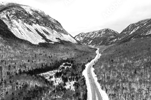 Black and white aerial image of Franconia Notch, New Hampshire during winter 