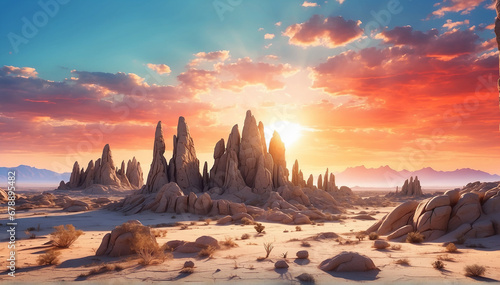 An otherworldly alien desert landscape at dusk, with a bright sun setting behind a horizon filled with strange, surreal rock formations and plants that defy earthly norms - AI Generative