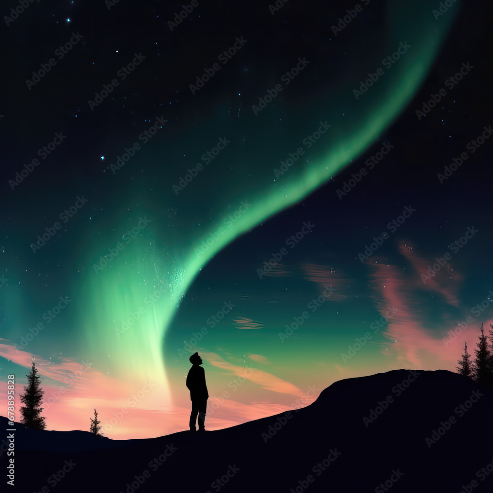 Silhouette of a person looking at the Northern Lights