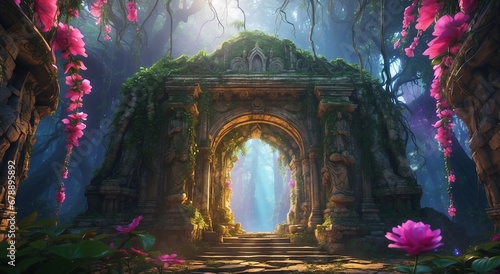 Fototapeta Naklejka Na Ścianę i Meble -  An otherworldly image of a mystical, overgrown, and ancient temple hidden within an enchanted jungle - AI Generative