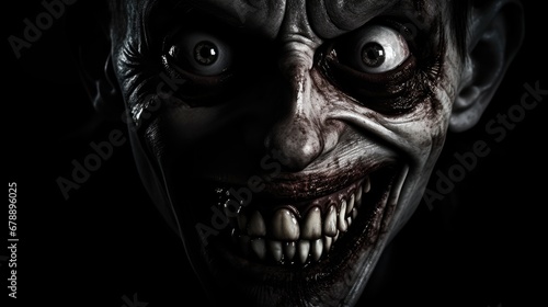 A creepy smile in the dark. A scary face stares out of the darkness. Close up shot. Demonic horrific. photo