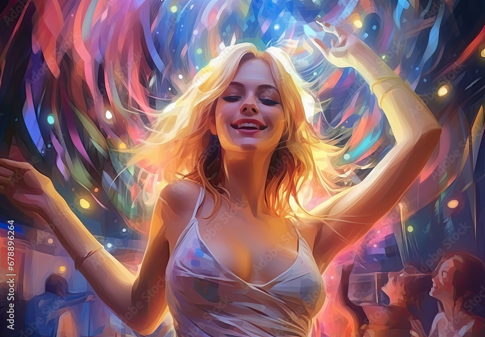 A girl dances dynamically in a club in the style of a painted picture. Digital art. Illustration for cover, card, interior design, banner, poster, brochure or presentation. A girl dances dynamically in a club in the style of a painted picture. Digital art. Illustration for cover, card, interior design, banner, poster, brochure or presentation.