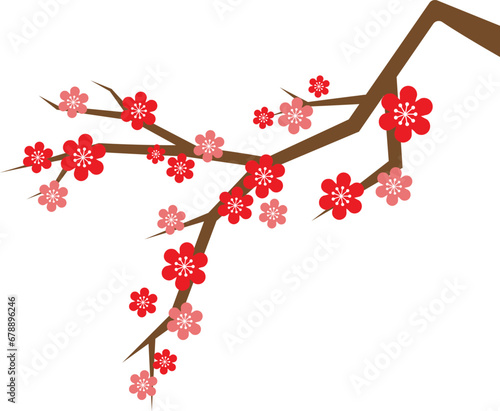 A Red Plum blossom tree branch flat cartoon style.