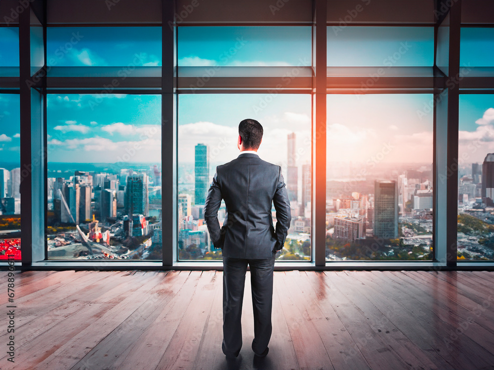 Fototapeta premium Businessman looking out the window of a modern office building. Business concept