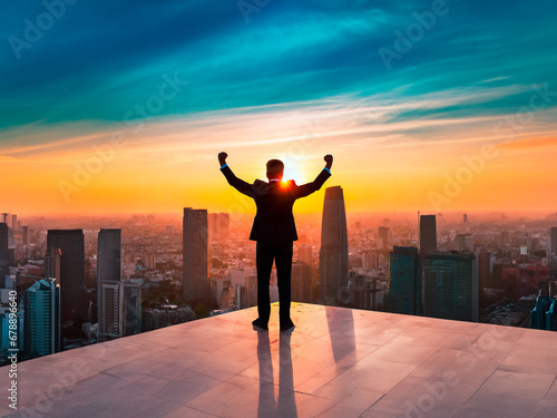 Silhouette of a successful businessman standing on top of a building and looking at the sunset