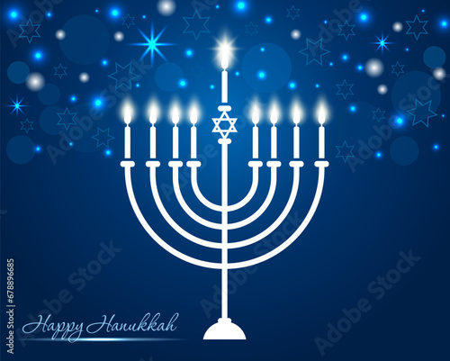 Happy Hanukkah, Jewish Holiday Background.Bright shining blue background with Menorah and text "Happy Hanukkah".Vector illustration. 