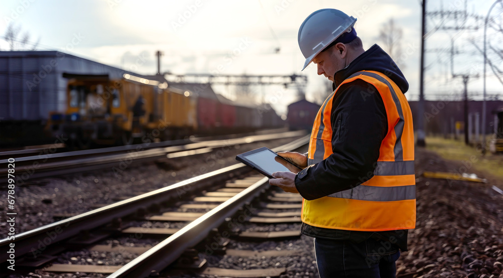 Digital Inspection. A railway worker in a high-visibility vest reviews data on a tablet trackside Digital Inspection. A railway worker in a high-visibility vest reviews data on a tablet trackside