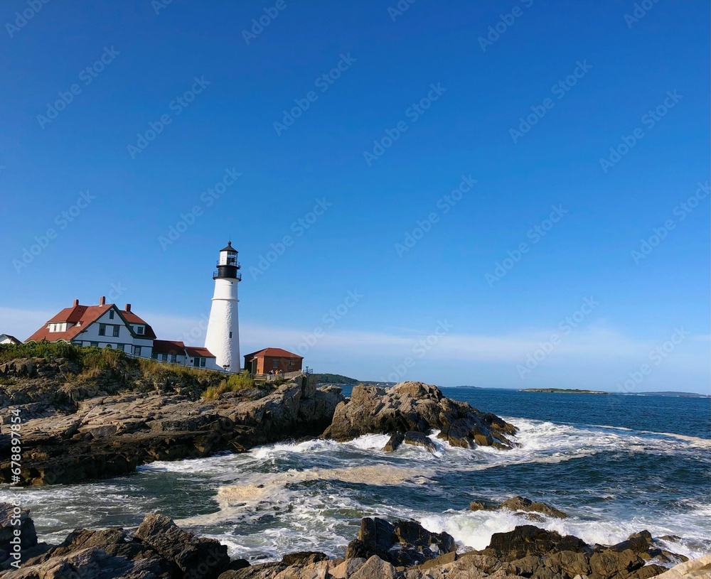 View of the Portland Head Light, a historic lighthouse in Cape Elizabeth, Maine