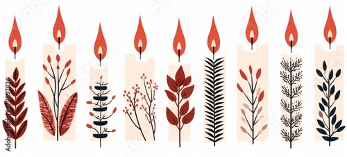 Illustration of Christmas flowers with Christmas candles in christmas colors Hand drawn Pattern on white background, Christmas theme. Horizontal banner. AI generated
